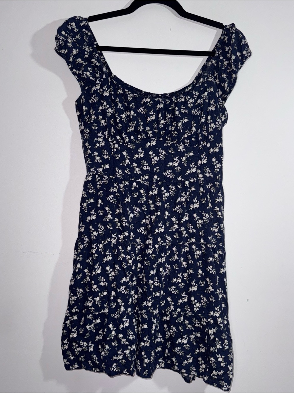 Hollister Floral Mini Dress Navy White Puff Sleeve Smocked Pockets Size L